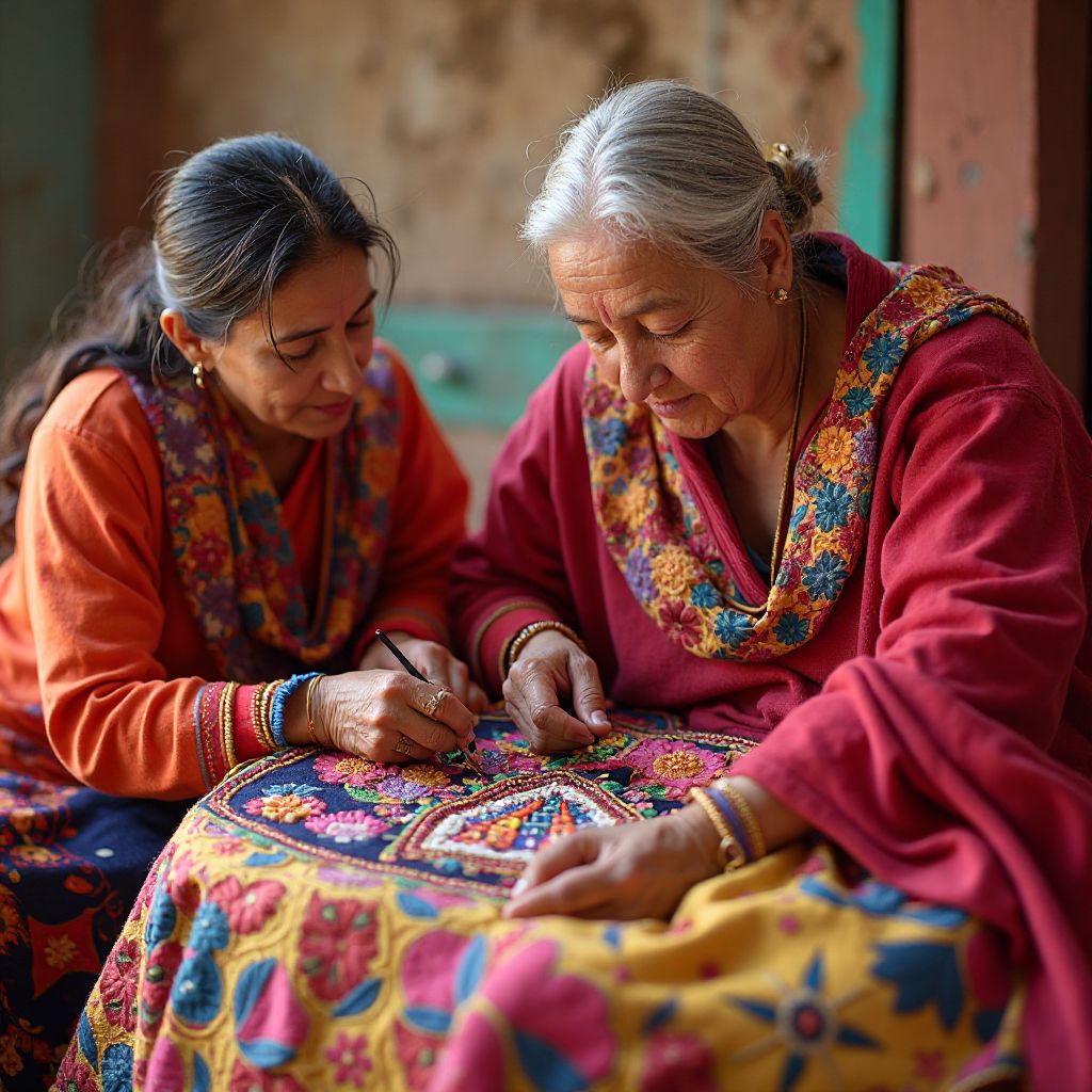 ਸਥਾਨਕ ਪੰਜਾਬੀ ਕਾਰੀਗਰਾਂ ਤੋਂ ਪਰੰਪਰਾਗਤ ਫੁਲਕਾਰੀ ਕਢਾਈ ਦੀਆਂ ਤਕਨੀਕਾਂ ਸਿੱਖ ਰਹੇ ਟੀਮ ਮੈਂਬਰ