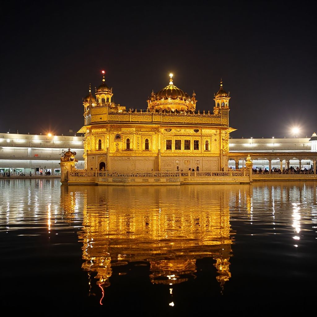 ਪਵਿੱਤਰ ਤਲਾਬ ਵਿੱਚ ਪ੍ਰਤੀਬਿੰਬ ਦੇ ਨਾਲ ਰਾਤ ਵਿੱਚ ਰੋਸ਼ਨ ਸੁਨਹਿਰੀ ਮੰਦਰ ਅੰਮ੍ਰਿਤਸਰ