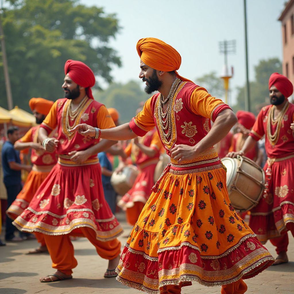 ਸੱਭਿਆਚਾਰਕ ਤਿਉਹਾਰ ਵਿੱਚ ਰੰਗਬਿਰੰਗੇ ਪਰੰਪਰਾਗਤ ਪਹਿਰਾਵੇ ਪਹਿਨੇ ਪੰਜਾਬੀ ਭੰਗੜਾ ਡਾਂਸਰ